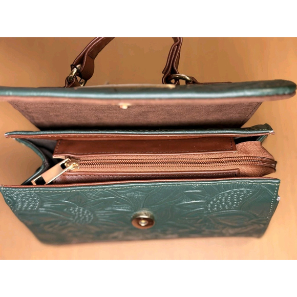 Dark Forest Green Sunflower Embossed Tooled Artisan LEATHER Crossbody Bag Purse - Picture 11 of 16
